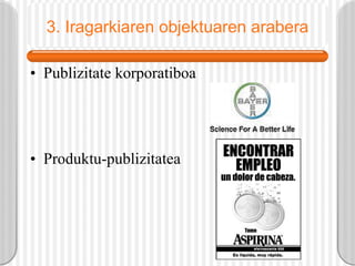 3. Iragarkiaren objektuaren arabera Publizitate korporatiboa  Produktu-publizitatea 