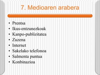 7. Medioaren arabera Prentsa Ikus-entzunezkoak Kanpo-publizitatea Zuzena Internet Sakelako telefonoa Salmenta puntua Konbinazioa 