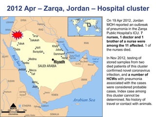 2012 Apr – Zarqa, Jordan – Hospital cluster
On 19 Apr 2012, Jordan
MOH reported an outbreak
of pneumonia in the Zarqa
Public Hospital’s ICU. 7
nurses, 1 doctor and 1
brother of a nurse were
among the 11 affected. 1 of
the nurses died.
In Nov 2012, testing of
stored samples from two
died patients of this cluster
confirmed novel coronavirus
infection, and a number of
HCWs with pneumonia
associated with the cases
were considered probable
cases. Index case among
this cluster cannot be
determined. No history of
travel or contact with animals.
 