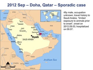 2012 Sep – Doha, Qatar – Sporadic case
49y male, occupation
unknown, travel history to
Saudi Arabia, “limited
exposure to animals prior
to onset”, onset on
2012.09.03, hospitalized
on 09.07.
 