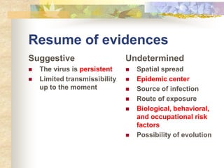 Resume of evidences
Suggestive
 The virus is persistent
 Limited transmissibility
up to the moment
Undetermined
 Spatial spread
 Epidemic center
 Source of infection
 Route of exposure
 Biological, behavioral,
and occupational risk
factors
 Possibility of evolution
 