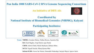 Pan India 1000 SARS-CoV-2 RNA Genome Sequencing Consortium
An Initiative of DBT-AIs
Coordinated by
National Institute of Biomedical Genomics (NIBMG), Kalyani
Participating Institutes:
Teams: NIBMG: Arindam Maitra, Nidhan Biswas, Saumitra Das
ILS: Sunil Raghav, Arup Ghosh, Ajay Parida
CDFD: Ashwin Dalal, Murali Bashyam, Debasis Mitra
NCCS: Yogesh Souche, Manoj Kumar Bhat
InStem-NCBS: Aswin Sai Narain, Dasaradhi Palakodepi, Satyajit Mayor, Apurva Sarin
 