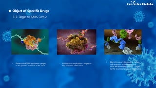 • Prevent viral RNA synthesis - target
to the genetic material of the virus.
• Inhibit virus replication - target to
key enzymes of the virus.
• Block the virus’s binding to human
cell receptors or inhibiting the
virus’self-assembly process - target
to the structural proteins of the virus.
Object of Specific Drugs
3-2. Target to SARS-CoV-2
 