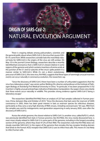 There is ongoing debate among policymakers, scientists and
the general public about where SARS-CoV-2, the virus that causes COV-
ID-19, came from. While researchers consider bats the most likely natu-
ral hosts for SARS-CoV-2, the origins of the virus are still unclear. On
May 10 in the journal Current Biology, researchers describe a recently
identified bat coronavirus that is SARS-CoV-2's closest relative in some
regions of the genome and which contains insertions of amino acids at
the junction of the S1 and S2 subunits of the virus's spike protein in a
manner similar to SAR-CoV-2. While it's not a direct evolutionary
precursor of SARS-CoV-2, this new virus, RmYN02, suggests that these types of seemingly unusual insertion
events can occur naturally in coronavirus evolution, the researchers say.
"Since the discovery of SARS-CoV-2 there have been a number of unfounded suggestions that the
virus has a laboratory origin," says senior author Weifeng Shi, director and professor at the Institute of Path-
ogen Biology at Shandong First Medical University in China. "In particular, it has been proposed the S1/S2
insertion is highly unusual and perhaps indicative of laboratory manipulation. Our paper shows very clearly
that these events occur naturally in wildlife. This provides strong evidence against SARS-CoV-2 being a
laboratory escape."
The researchers identified RmYN02 from an analysis of 227 bat samples collected in Yunnan prov-
ince, China, between May and October of 2019. "Since the discovery that bats were the reservoir of SARS
coronavirus in 2005, there has been great interest in bats as reservoir species for infectious diseases,
particularly as they carry a very high diversity of RNA viruses, including coronaviruses," Shi says. RNA from
the samples was sent for metagenomic next-generation sequencing in early January 2020, soon after the
discovery of SARS-CoV-2.
Across the whole genome, the closest relative to SARS-CoV-2 is another virus, called RaTG13, which
was previously identified from bats in Yunnan province. But RmYN02, the virus newly discovered here, is
even more closely related to SARS-CoV-2 in some parts of the genome, including in the longest encoding
section of the genome, where they share 97.2% of their RNA. The researchers note that RmYN02 does not
closely resemble SAR-CoV-2 in the region of the genome that encodes the key receptor binding domain
that binds to the human ACE2 receptor that SARS-CoV-2 uses to infect host cells. This means it's not likely
to infect human cells.
 