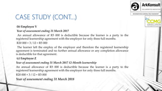 INFORMATION SHARING AND ENGAMENT
CASE STUDY (CONT…)
(b) Employee Y
Year of assessment ending 31 March 2017
An annual allowance of R5 000 is deductible because the learner is a party to the
registered learnership agreement with the employer for only three full months.
R20 000 × 3 / 12 = R5 000
The learner left the employ of the employer and therefore the registered learnership
agreement is terminated and no further annual allowance or any completion allowance
is deductible for that agreement.
(c) Employee Z
Year of assessment ending 31 March 2017 12-Month learnership
An annual allowance of R5 000 is deductible because the learner is a party to the
registered learnership agreement with the employer for only three full months.
R20 000 × 3 / 12 = R5 000
Year of assessment ending 31 March 2018
 