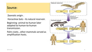Source:
Zoonotic origin .
Horseshoe bats - its natural reservoir.
Beginning -animal-to-human later
adapted to human-to-human
transmission.
Palm civets , other mammals served as
amplification hosts.
28-05-2020 8
 