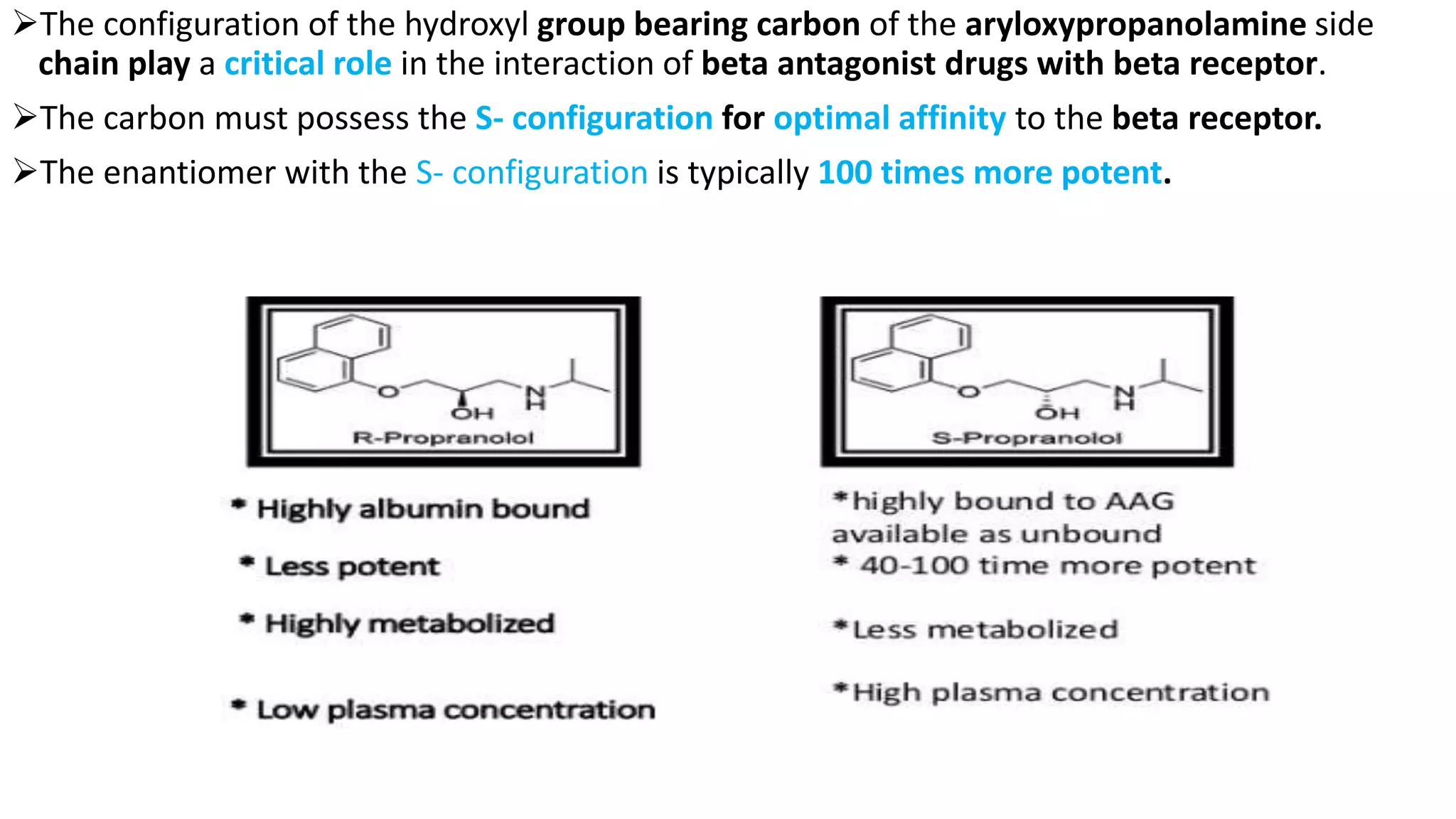 The configuration of the hydroxyl group bearing carbon of the aryloxypropanolamine side
chain play a critical role in the interaction of beta antagonist drugs with beta receptor.
The carbon must possess the S- configuration for optimal affinity to the beta receptor.
The enantiomer with the S- configuration is typically 100 times more potent.
 
