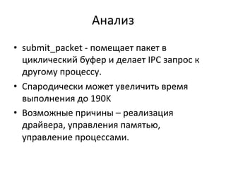 Анализ	
  
•  submit_packet	
  -­‐	
  помещает	
  пакет	
  в	
  
циклический	
  буфер	
  и	
  делает	
  IPC	
  запрос	
  к	
  
другому	
  процессу.	
  
•  Спародически	
  может	
  увеличить	
  время	
  
выполнения	
  до	
  190K	
  
•  Возможные	
  причины	
  –	
  реализация	
  
драйвера,	
  управления	
  памятью,	
  
управление	
  процессами.	
  	
  
 