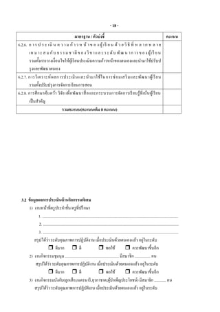 - 18 -
มาตรฐาน / ตัวบ่งชี้ คะแนน
6.2.6. ก าร ป ร ะ เมิ น ค ว าม ก้ าว ห น้ าข อ ง ผู้ เรี ย น ด้ ว ย วิ ธี ที่ ห ล าก ห ล าย
เห ม าะส ม กับ ธรรม ช าติ ของวิช าแล ะระดับ พัฒ น าก ารของผู้เรี ยน
รวมทั้งการวางเงื่อนไขให้ผู้เรียนประเมินความก้าวหน้าของตนเองและนามาใช้ปรับป
รุงและพัฒนาตนเอง
6.2.7. การวิเคราะห์ผลการประเมินและนามาใช้ในการซ่อมเสริมและพัฒนาผู้เรียน
รวมทั้งปรับปรุงการจัดการเรียนการสอน
6.2.8. การศึกษาค้นคว้า วิจัย เพื่อพัฒนาสื่อและกระบวนการจัดการเรียนรู้ที่เน้นผู้เรียน
เป็นสาคัญ
รวมคะแนน(คะแนนเต็ม 8 คะแนน)
3.2 ข้อมูลผลการประเมินด้านกิจกรรมพิเศษ
1) งานหน้าที่ครูประจาชั้น/ครูที่ปรึกษา
1. ...........................................................................................................................................
2. ...........................................................................................................................................
3. ...........................................................................................................................................
สรุปได้ว่า ระดับคุณภาพการปฏิบัติงาน เมื่อประเมินด้วยตนเองแล้ว อยู่ในระดับ
 ดีมาก  ดี  พอใช้  ควรพัฒนาขึ้นอีก
2) งานกิจกรรมชุมนุม ....................................................... มีสมาชิก ................ คน
สรุปได้ว่า ระดับคุณภาพการปฏิบัติงาน เมื่อประเมินด้วยตนเองแล้ว อยู่ในระดับ
 ดีมาก  ดี  พอใช้  ควรพัฒนาขึ้นอีก
3) งานกิจกรรมบังคับ(ลูกเสือ,เนตรนารี,ยุวกาชาด,ผู้บาเพ็ญประโยชน์) มีสมาชิก ............ คน
สรุปได้ว่า ระดับคุณภาพการปฏิบัติงาน เมื่อประเมินด้วยตนเองแล้ว อยู่ในระดับ
 