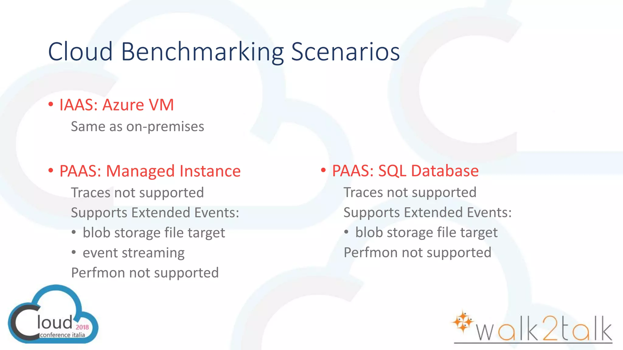Cloud Benchmarking Scenarios
• IAAS: Azure VM
Same as on-premises
• PAAS: Managed Instance
Traces not supported
Supports Extended Events:
• blob storage file target
• event streaming
Perfmon not supported
• PAAS: SQL Database
Traces not supported
Supports Extended Events:
• blob storage file target
Perfmon not supported
 