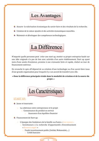 5
Assurer la valorisation économique du savoir-faire et des résultats de la recherche.
Création de la valeur ajoutée et des activités économiques nouvelles.
Maintenir et développer des compétences technologiques.
N’importe quelle personne peut créer une start up, monter sa propre entreprise basée sur
une idée originale n’a pas de lien avec activités d’un autre établissement. Start up ayant
mois d’une année d’existence, promise à une croissante forte et rapide, réalisé un tour de
financement extérieur.
En revanche le spin off dépend de sa création d’une technologie ou d’un savoir-faire issus
d’une grande organisation pour lesquels il y a un accord de transfert avec elle.
« Donc la différence principale réside dans la modalité de création et de la source du
projet. »
START UP:
Jeune et innovante:
o La cohérence entre entrepreneur et le projet
o Connaissance du produit ou service
o Assurance d’un équilibre financier
Financement de Start up:
o L’épargne des fondateurs de la famille ou d’amis « love money »
o Investisseurs à la recherche d’opportunités d’investissement
« Busness angels »
o Fonds investissement public (Intilak, Mokawalati,....)
o Crédit bancaire
 