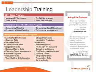 Leadership Training




                                                                   [
MBTI Based Programs
                                                                   Voice of the Customer
• Managerial Effectiveness        • Conflict Management
• Team Building                   • Sales Effectiveness             “Thank you Harsha for
                                                                    your energy and passion
Competency Based Certification Programs                             passing onto our people”

• Competency Modeling             • Competency Based Recruitment               - Sreedhar
• Competency Based Training       • Performance Management               Sr. Manager HR,
                                                                         GlaxoSmithKline

Management Development Programs
                                                                    “Sri Harsha was our guide
• Leadership Effectiveness        • Ethics at Workplace             in our journey towards
• Coaching Skills                 • Negotiating Workplace           creating a robust
• Mentoring Skills                Agreements                        Mentoring framework
• Communication Skills            • Interviewing Skills             within the organization,
• Negotiation Skills              • HR for Non-HR Managers          through his workshop and
                                                                    his invaluable advice”
• Decision Making Skills          • Budgeting and Control
• Executive Stress Management     • Goal Setting & Achievement              - Monty Bharali,
• Business Etiquette              • Train the Trainer                  Director & Head -HR,
                                                                    DST Worldwide Services
• Motivation Skills               • Interpersonal Skills




                                                                   [
• Team Building & Collaboration   • Presentation Skills
                                  • Service Quality



                        11
 