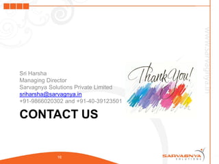 Sri Harsha
Managing Director
Sarvagnya Solutions Private Limited
sriharsha@sarvagnya.in
+91-9866020302 and +91-40-39123501

CONTACT US


            16
 