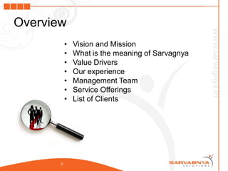 Overview
           •   Vision and Mission
           •   What is the meaning of Sarvagnya
           •   Value Drivers
           •   Our experience
           •   Management Team
           •   Service Offerings
           •   List of Clients




       2
 