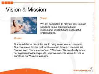 Vision & Mission
                           Vision

                           We are committed to provide best in class
                           solutions to our clientele to build
                           meaningful, impactful and successful
                           organisations.

   Mission

   Our foundational principles are to bring value to our customers.
   Our core value drivers that facilitate a win for our customers are
   “Know-How”, “Competence” and “ Wisdom”. We constantly focus
   our organizational energies to improve our core value drivers to
   transform our Vision into reality.




              3
 