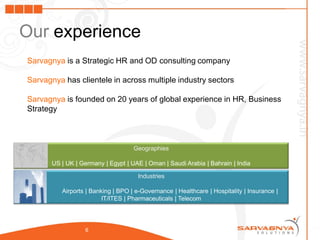 Our experience
Sarvagnya is a Strategic HR and OD consulting company

Sarvagnya has clientele in across multiple industry sectors

Sarvagnya is founded on 20 years of global experience in HR, Business
Strategy



                                    Geographies

       US | UK | Germany | Egypt | UAE | Oman | Saudi Arabia | Bahrain | India

                                      Industries

          Airports | Banking | BPO | e-Governance | Healthcare | Hospitality | Insurance |
                         IT/ITES | Pharmaceuticals | Telecom




                  6
 