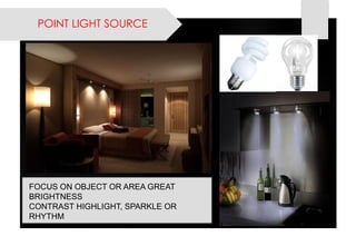 FOCUS ON OBJECT OR AREA GREAT BRIGHTNESS 
CONTRAST HIGHLIGHT, SPARKLE OR RHYTHM 
POINT LIGHT SOURCE  