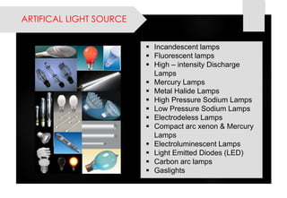 ARTIFICAL LIGHT SOURCE 
Incandescent lamps 
Fluorescent lamps 
High –intensity Discharge Lamps 
Mercury Lamps 
Metal Halide Lamps 
High Pressure Sodium Lamps 
Low Pressure Sodium Lamps 
Electrodeless Lamps 
Compact arc xenon & Mercury Lamps 
Electroluminescent Lamps 
Light Emitted Diodes (LED) 
Carbon arc lamps 
Gaslights  
