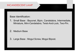 INCANDESCENT LAMP 
BaseIdentification: 
1.SmallBase:Bayonet,Bipin,Candelabra,Intermediate, Miniature,Mini-Candelabra,Twist-And-Lock,Two-Pin. 
2.MediumBase 
3.LargeBase:MogulScrew,MogulBipost.  