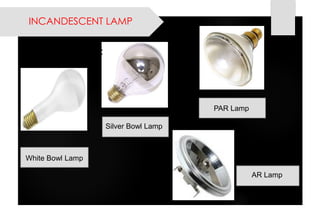INCANDESCENT LAMP 
LAMPSTYPES: 
Silver Bowl Lamp 
White Bowl Lamp 
PAR Lamp 
AR Lamp  