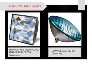LOW -VOLTAGE LAMPS 
LOW VOLTAGE MULTIFACTED MIRROR REFLECTOR 
(halogen lamp) 
LOW VOLTAGE PAR56 
(halogen lamp)  