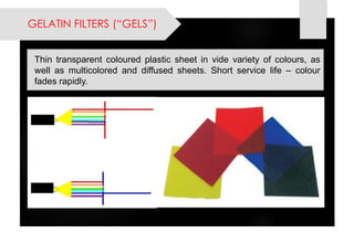 GELATIN FILTERS (“GELS”) 
Thintransparentcolouredplasticsheetinvidevarietyofcolours,aswellasmulticoloredanddiffusedsheets.Shortservicelife–colourfadesrapidly.  