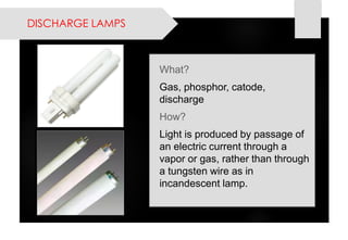 DISCHARGE LAMPS 
What? 
Gas, phosphor, catode, discharge 
How? 
Light is produced by passage of an electric current through a vapor or gas, rather than through a tungsten wire as in incandescent lamp.  