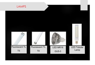 LAMPS 
Fluorescent TL 
T5 
Fluorescent TL 
T8 
LED MR16 
GU5-3 
LED Tubular Lamp  
