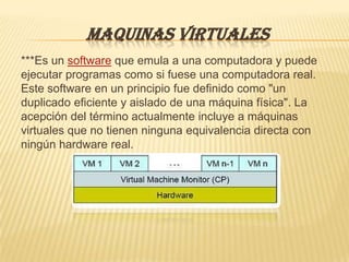 MAQUINAS VIRTUALES
***Es un software que emula a una computadora y puede
ejecutar programas como si fuese una computadora real.
Este software en un principio fue definido como "un
duplicado eficiente y aislado de una máquina física". La
acepción del término actualmente incluye a máquinas
virtuales que no tienen ninguna equivalencia directa con
ningún hardware real.
 