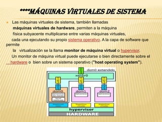 ****MÁQUINAS VIRTUALES DE SISTEMA
  Las máquinas virtuales de sistema, también llamadas
    máquinas virtuales de hardware, permiten a la máquina
    física subyacente multiplicarse entre varias máquinas virtuales,
   cada una ejecutando su propio sistema operativo. A la capa de software que
permite
    la virtualización se la llama monitor de máquina virtual o hypervisor.
   Un monitor de máquina virtual puede ejecutarse o bien directamente sobre el
  hardware o bien sobre un sistema operativo ("host operating system").
 