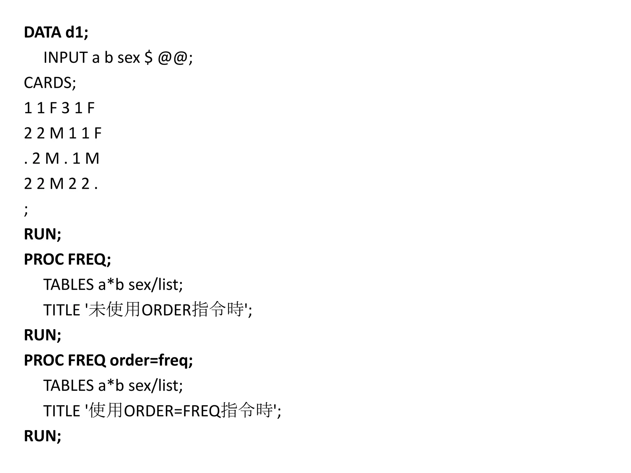 DATA d1;
  INPUT a b sex $ @@;
CARDS;
11F31F
22M11F
.2M.1M
22M22.
;
RUN;
PROC FREQ;
  TABLES a*b sex/list;
  TITLE '未使用ORDER指令時';
RUN;
PROC FREQ order=freq;
  TABLES a*b sex/list;
  TITLE '使用ORDER=FREQ指令時';
RUN;
 