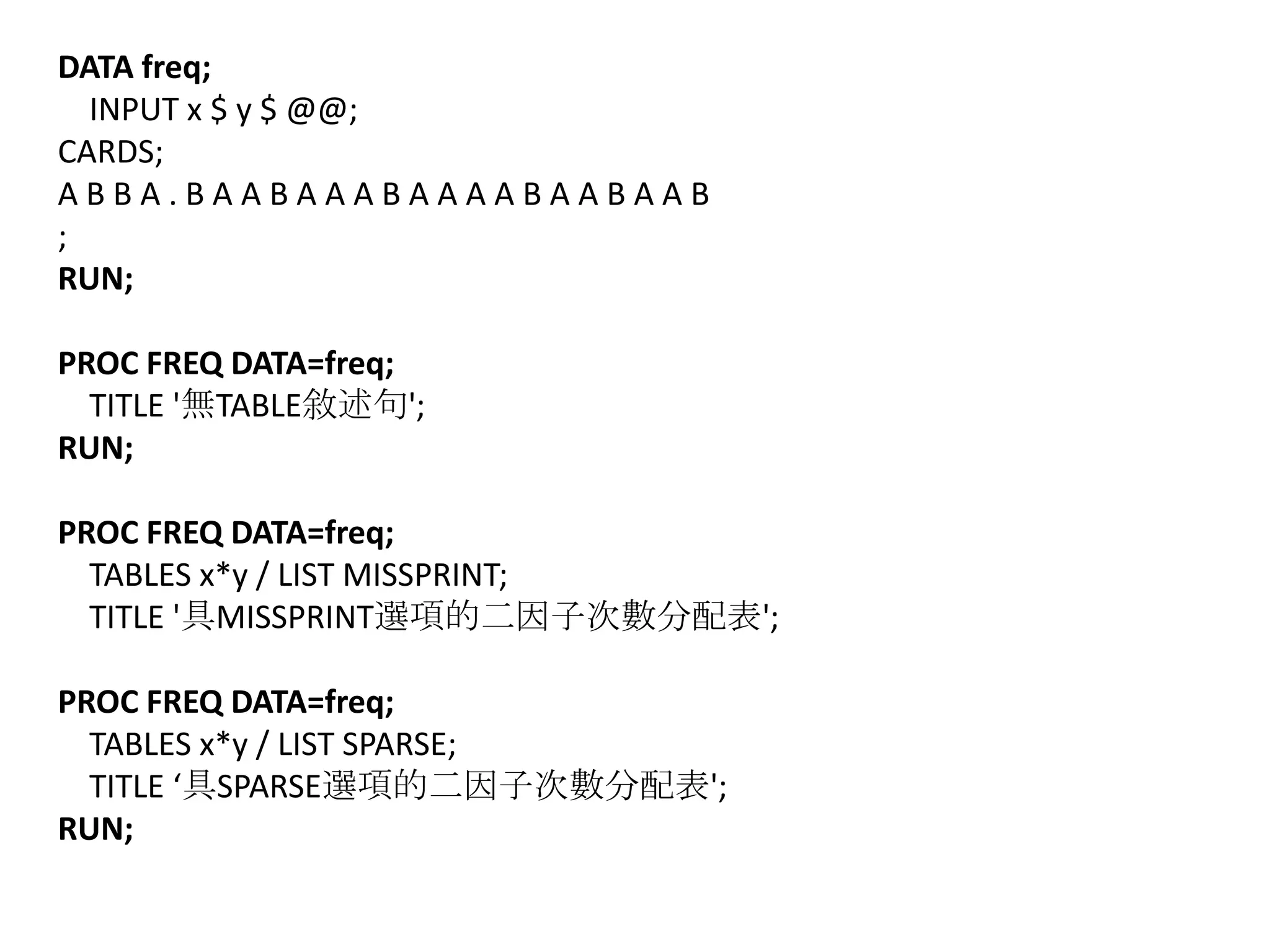 DATA freq;
  INPUT x $ y $ @@;
CARDS;
ABBA.BAABAAABAAAABAABAAB
;
RUN;

PROC FREQ DATA=freq;
  TITLE '無TABLE敘述句';
RUN;

PROC FREQ DATA=freq;
  TABLES x*y / LIST MISSPRINT;
  TITLE '具MISSPRINT選項的二因子次數分配表';

PROC FREQ DATA=freq;
  TABLES x*y / LIST SPARSE;
  TITLE ‘具SPARSE選項的二因子次數分配表';
RUN;
 