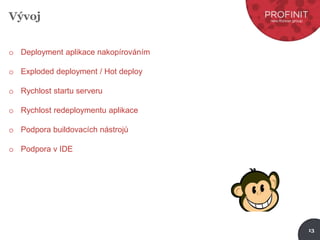 13
Vývoj
o Deployment aplikace nakopírováním
o Exploded deployment / Hot deploy
o Rychlost startu serveru
o Rychlost redeploymentu aplikace
o Podpora buildovacích nástrojů
o Podpora v IDE
 