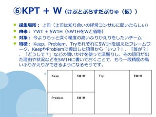 すくすくスクラム仙台
⑥KPT + W（けぷとぷらすだぶりゅ（仮））
• 採集場所： 上司（上司は知り合いの経営コンサルに聞いたらしい）
• 由来： YWT + 5W1H（5W1HをWと省略）
• 対象： 今よりもっと深く精度の高いふりかえりをしたいチーム
• 特徴： Keep、Problem、Tryそれぞれに5W1Hを加えたフレームワ
ーク。KeepやProblemで導出した項目から「いつ？」、「誰が？」
、「どうして？」などの問いかけを使って深堀りし、その項目が出
た理由や状況などを5W1Hに書いておくことで、もう一段精度の高
いふりかえりができるようになるそうです。
Keep 5W1H Try 5W1H
Problem 5W1H
 