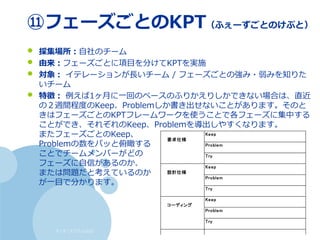 すくすくスクラム仙台
Keep
要求仕様
Problem
Try
Keep
設計仕様
Problem
Try
Keep
コーディング
Problem
Try
⑪フェーズごとのKPT（ふぇーずごとのけぷと）
• 採集場所：自社のチーム
• 由来：フェーズごとに項目を分けてKPTを実施
• 対象： イテレーションが長いチーム / フェーズごとの強み・弱みを知りた
いチーム
• 特徴： 例えば1ヶ月に一回のペースのふりかえりしかできない場合は、直近
の２週間程度のKeep、Problemしか書き出せないことがあります。そのと
きはフェーズごとのKPTフレームワークを使うことで各フェーズに集中する
ことができ、それぞれのKeep、Problemを導出しやすくなります。
またフェーズごとのKeep、
Problemの数をパッと俯瞰する
ことでチームメンバーがどの
フェーズに自信があるのか、
または問題だと考えているのか
が一目で分かります。
 