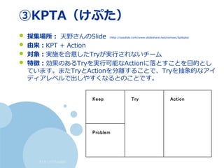 すくすくスクラム仙台
③KPTA（けぷた）
• 採集場所： 天野さんのSlide （http://sssslide.com/www.slideshare.net/esmsec/kptkpta）
• 由来：KPT + Action
• 対象：実施を合意したTryが実行されないチーム
• 特徴：効果のあるTryを実行可能なActionに落とすことを目的とし
ています。またTryとActionを分離することで、Tryを抽象的なアイ
ディアレベルで出しやすくなるとのことです。
Keep Try Action
Problem
 