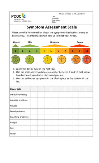 (Please complete or affix Label here)
UPI:
Surname
First name:
DOB:
Symptom Assessment Scale
Please use this form to tell us about the symptoms that bother, worry or
distress you. This information will help us to meet your needs.
0 1 2 3 4 5 6 7 8 9 10
1. Write the day or date in the first row.
2. Use the scale above to choose a number between 0 and 10 that shows
how bothered, worried or distressed you are.
3. You can add other symptoms in the blank space at the bottom of the
list.
Day or date
Difficulty sleeping
Appetite problems
Nausea
Bowel problems
Breathing problems
Fatigue
Pain
Other
Moderate SevereMildAbsent
 
