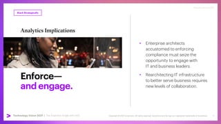 Copyright © 2021 Accenture. All rights reserved. Accenture and its logo are registered trademarks of Accenture
Technology Vision 2021 | accenture.com/technologyvision
#techvision2021
Enforce—
andengage.
Analytics Implications
• Enterprise architects
accustomed to enforcing
compliance must seize the
opportunity to engage with
IT and business leaders.
• Rearchitecting IT infrastructure
to better serve business requires
new levels of collaboration.
Stack Strategically
#techvision2021
Technology Vision 2021 | The Analytics Angle with SAS 5
 