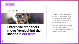 Copyright © 2021 Accenture. All rights reserved. Accenture and its logo are registered trademarks of Accenture
Technology Vision 2021 | accenture.com/technologyvision
#techvision2021
Enterprisearchitects
movefrombehindthe
scenestooutfront.
Analytics Implications
• Analytics is still a “black box”
in many organizations. More
people need to understand
how it works, and architects
are best suited to the job.
• Changes in analytics strategy
have a direct impact on
business processes. Architects
need to explain how.
Stack Strategically
#techvision2021
Technology Vision 2021 | The Analytics Angle with SAS 6
 