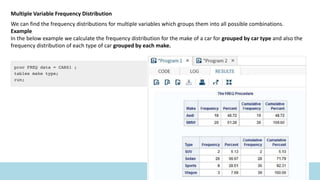 Multiple Variable Frequency Distribution
We can find the frequency distributions for multiple variables which groups them into all possible combinations.
Example
In the below example we calculate the frequency distribution for the make of a car for grouped by car type and also the
frequency distribution of each type of car grouped by each make.
 