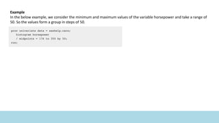 Example
In the below example, we consider the minimum and maximum values of the variable horsepower and take a range of
50. So the values form a group in steps of 50.
 