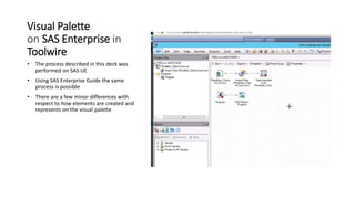 Visual Palette
on SAS Enterprise in
Toolwire
• The process described in this deck was
performed on SAS UE
• Using SAS Enterprise Guide the same
process is possible
• There are a few minor differences with
respect to how elements are created and
represents on the visual palette
 