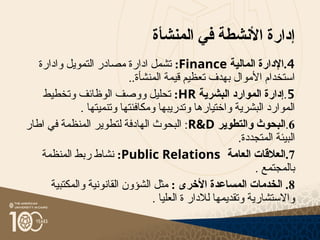 ‫المنشأة‬ ‫في‬ ‫األنشطة‬ ‫إدارة‬
4
‫المالية‬ ‫اإلدارة‬.
Finance
:
‫وادارة‬ ‫التمويل‬ ‫مصادر‬ ‫ادارة‬ ‫تشمل‬
..‫المنشأة‬ ‫قيمة‬ ‫تعظيم‬ ‫بهدف‬ ‫األموال‬ ‫استخدام‬
5
.
‫البشرية‬ ‫الموارد‬ ‫إدارة‬
HR
:
‫وتخطيط‬ ‫الوظائف‬ ‫ووصف‬ ‫تحليل‬
. ‫وتنميتها‬ ‫ومكافئتها‬ ‫وتدريبها‬ ‫واختيارها‬ ‫البشرية‬ ‫الموارد‬
6
.
‫والتطوير‬ ‫البحوث‬
R&D
‫اطار‬ ‫في‬ ‫المنظمة‬ ‫لتطوير‬ ‫الهادفة‬ ‫البحوث‬ :
.‫المتجددة‬ ‫البيئة‬
7
‫العامة‬ ‫العالقات‬.
Public Relations
:
‫المنظمة‬ ‫ربط‬ ‫نشاط‬
. ‫بالمجتمع‬
8
: ‫األخرى‬ ‫المساعدة‬ ‫الخدمات‬ .
‫والمكتبية‬ ‫القانونية‬ ‫الشؤون‬ ‫مثل‬
. ‫العليا‬ ‫ة‬ ‫لالدار‬ ‫وتقديمها‬ ‫واالستشارية‬
 