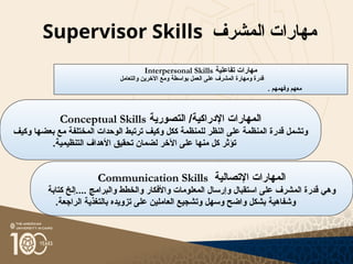 ‫المشرف‬ ‫مهارات‬
Supervisor Skills
‫تفاعلية‬ ‫مهارات‬
Interpersonal Skills
‫ا‬ ‫ومهارة‬ ‫قدرة‬
‫لمشرف‬
‫والتعامل‬ ‫اآلخرين‬ ‫ومع‬ ‫بواسطة‬ ‫العمل‬ ‫على‬
. ‫وفهمهم‬ ‫معهم‬
‫التصورية‬ /‫اإلدراكية‬ ‫المهارات‬
Conceptual Skills
‫وكيف‬ ‫بعضها‬ ‫مع‬ ‫المختلفة‬ ‫الوحدات‬ ‫ترتبط‬ ‫وكيف‬ ‫ككل‬ ‫للمنظمة‬ ‫النظر‬ ‫على‬ ‫المنظمة‬ ‫قدرة‬ ‫وتشمل‬
.‫التنظيمية‬ ‫األهداف‬ ‫تحقيق‬ ‫لضمان‬ ‫اآلخر‬ ‫على‬ ‫منها‬ ‫كل‬ ‫تؤثر‬
‫اإلتصالية‬ ‫المهارات‬
Communication Skills
‫الم‬ ‫قدرة‬ ‫وهي‬
‫شرف‬
‫كتابة‬ ‫إلخ‬.... ‫والبرامج‬ ‫والخطط‬ ‫واألفكار‬ ‫المعلومات‬ ‫وإرسال‬ ‫استقبال‬ ‫على‬
.‫الراجعة‬ ‫بالتغذية‬ ‫تزويده‬ ‫على‬ ‫العاملين‬ ‫وتشجيع‬ ‫وسهل‬ ‫واضح‬ ‫بشكل‬ ‫وشفاهية‬
 