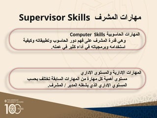 ‫المشرف‬ ‫مهارات‬
Supervisor Skills
‫اإلداري‬ ‫والمستوى‬ ‫اإلدارية‬ ‫المهارات‬
‫بحسب‬ ‫تختلف‬ ‫السابقة‬ ‫المهارات‬ ‫من‬ ‫مهارة‬ ‫كل‬ ‫أهمية‬ ‫مستوى‬
‫المدير‬ ‫يشغله‬ ‫الذي‬ ‫اإلداري‬ ‫المستوي‬
‫المشرف‬ /
.
‫الحاسوبية‬ ‫المهارات‬
Computer Skills
‫الم‬ ‫قدرة‬ ‫وهي‬
‫شرف‬
‫وكيفية‬ ‫وتطبيقاته‬ ‫الحاسوب‬ ‫دور‬ ‫فهم‬ ‫على‬
‫عمله‬ ‫في‬ ‫كثير‬ ‫أداء‬ ‫في‬ ‫وبرمجياته‬ ‫استخدامه‬
.
.
 