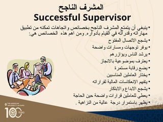 ‫الناجح‬ ‫المشرف‬
Successful Supervisor
•
‫الم‬ ‫يتمتع‬ ‫أن‬ ‫ي‬n‫غ‬‫ينب‬
‫شرف‬
‫تطبيق‬ ‫ن‬n‫م‬ ‫كنه‬n‫م‬‫ت‬ ‫واتجاهات‬ ‫بخصائص‬ ‫الناجح‬
:‫هي‬ ‫الخصائص‬ ‫هذه‬ ‫اهم‬ ‫ومن‬ .‫بأدواره‬ ‫القيام‬ ‫في‬ ‫وقدراته‬ ‫مهاراته‬
•
‫المفتوح‬ ‫االتصال‬ ‫يشجع‬
•
‫واضحة‬ ‫ومسارات‬ ‫توجهات‬ ‫يوفر‬
•
‫ويؤازرهم‬ ‫الناس‬ ‫يرشد‬
•
‫باالنجاز‬ ‫بموضوعية‬ ‫يعترف‬
•
‫مستمرة‬ ‫رقابة‬ ‫يضع‬
•
‫المناسبين‬ ‫العاملين‬ ‫يختار‬
•
‫لقراراته‬ ‫المالية‬ ‫اإلنعكاسات‬ ‫يتفهم‬
•
‫واالبتكار‬ ‫االبداع‬ ‫يشجع‬
•
‫الحاجة‬ ‫حين‬ ‫واضحة‬ ‫قرارات‬ ‫للعاملين‬ ‫يعطي‬
•
. ‫النزاهية‬ ‫من‬ ‫عالية‬ ‫درجة‬ ‫باستمرار‬ ‫يظهر‬
 