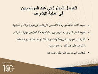 ‫المرؤوسين‬ ‫عدد‬ ‫في‬ ‫المؤثرة‬ ‫العوامل‬
‫اإلشراف‬ ‫عملية‬ ‫في‬
•
.‫أقسامها‬ ‫و‬ ‫إداراتها‬ ‫تقييم‬ ‫في‬ ‫تتبعها‬ ‫التي‬ ‫التخصص‬ ‫ودرجة‬ ‫المنظمة‬ ‫نشاط‬ ‫طبيعة‬
•
.‫قدرات‬ ‫مهارات‬ ‫من‬ ‫العمل‬ ‫هذا‬ ‫يتطلبه‬ ‫وما‬ ‫المرؤوسين‬ ‫يؤديه‬ ‫الذي‬ ‫العمل‬ ‫طبيعة‬
•
‫ا‬ ‫يمتلكها‬ ‫التي‬ ‫المهارات‬ ‫و‬ ‫القدرات‬
‫لمشرف‬
‫أمكنه‬ ‫المهارات‬ ‫هذه‬ ‫زادت‬ ‫فكلما‬
.‫المرؤوسين‬ ‫من‬ ‫أكبر‬ ‫عدد‬ ‫على‬ ‫اإلشراف‬
•
.‫اإلشراف‬ ‫نطاق‬ ‫على‬ ‫تترتب‬ ‫التي‬ ‫التكاليف‬
 