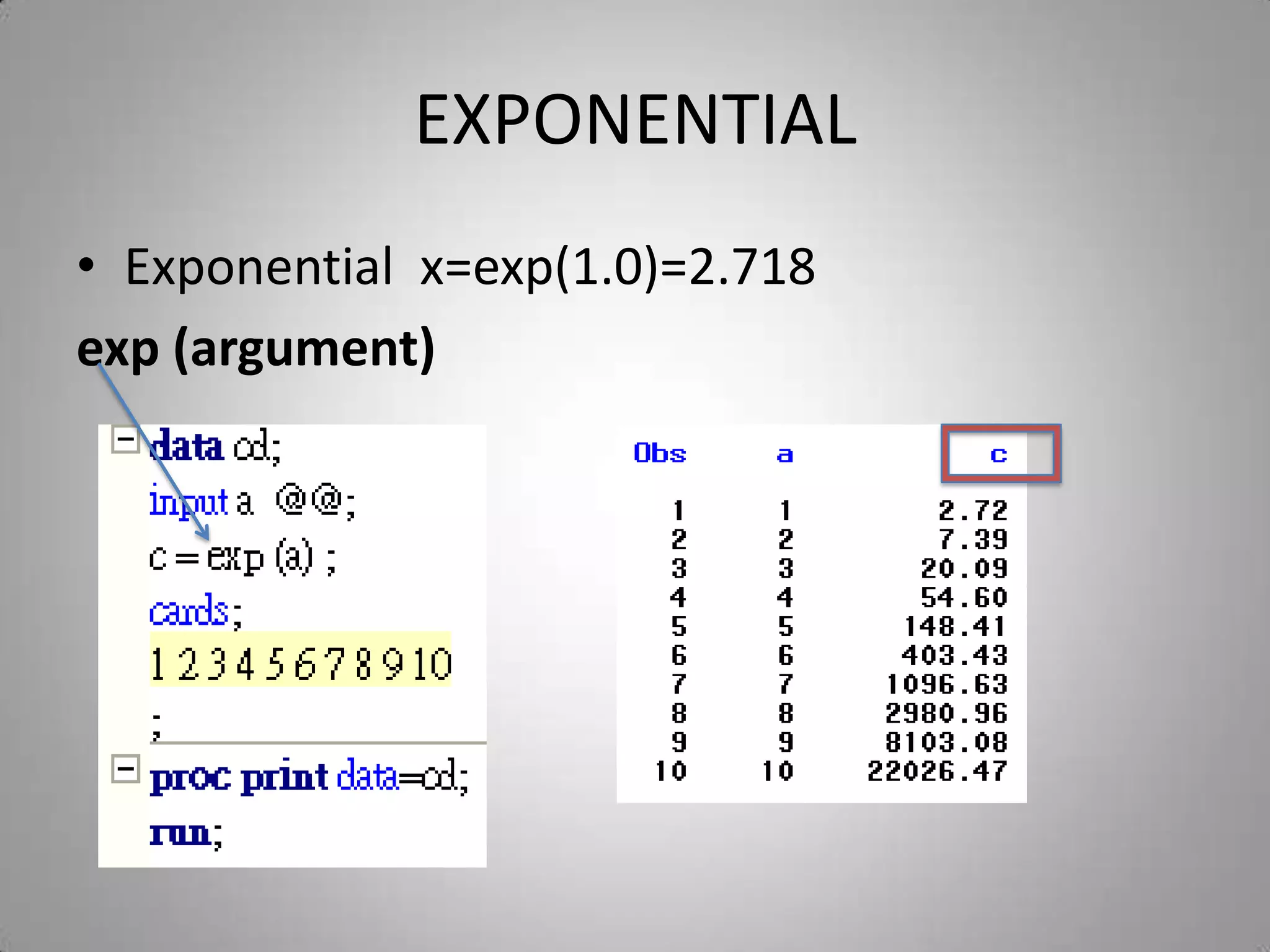 EXPONENTIAL
• Exponential x=exp(1.0)=2.718
exp (argument)
 