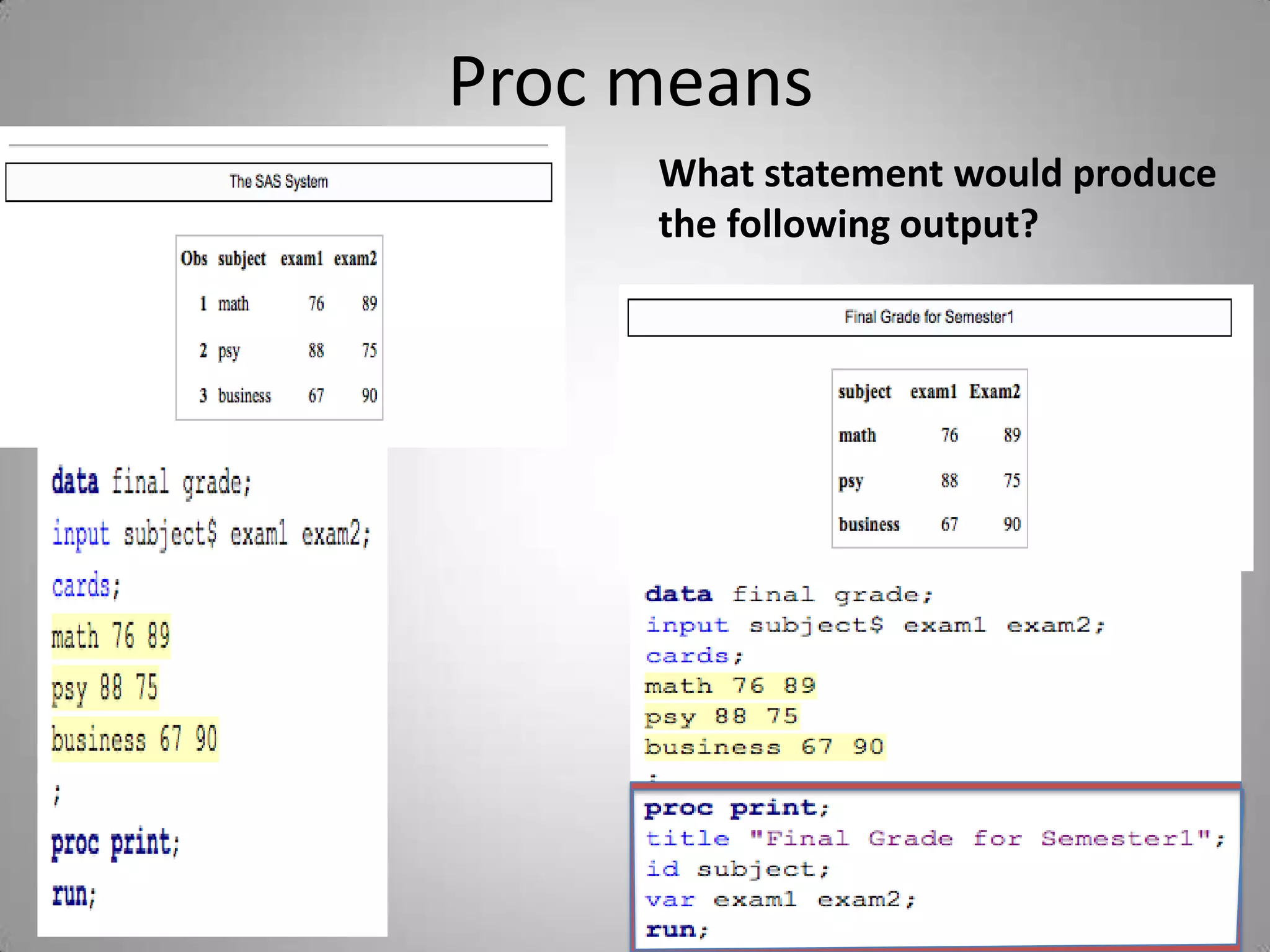 Proc means
     What statement would produce
     the following output?
 