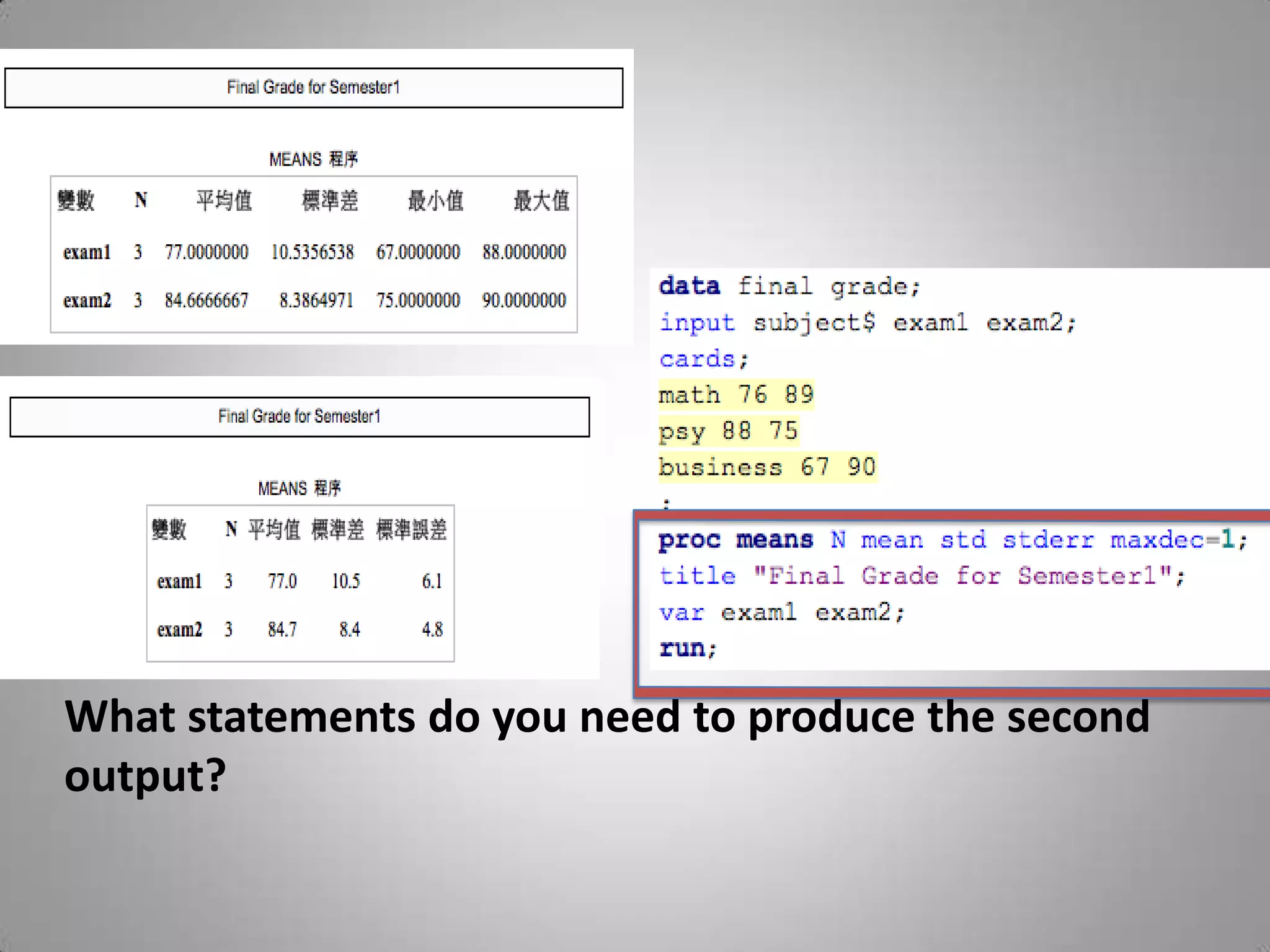 What statements do you need to produce the second
output?
 